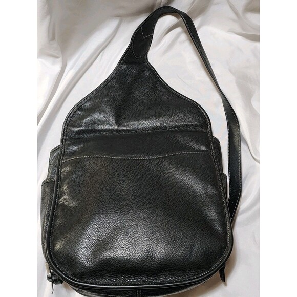 Levenger Black Leather Backpack Day One Shoulder Bag Sling Swing Pack Saddle Bag - Picture 2 of 16